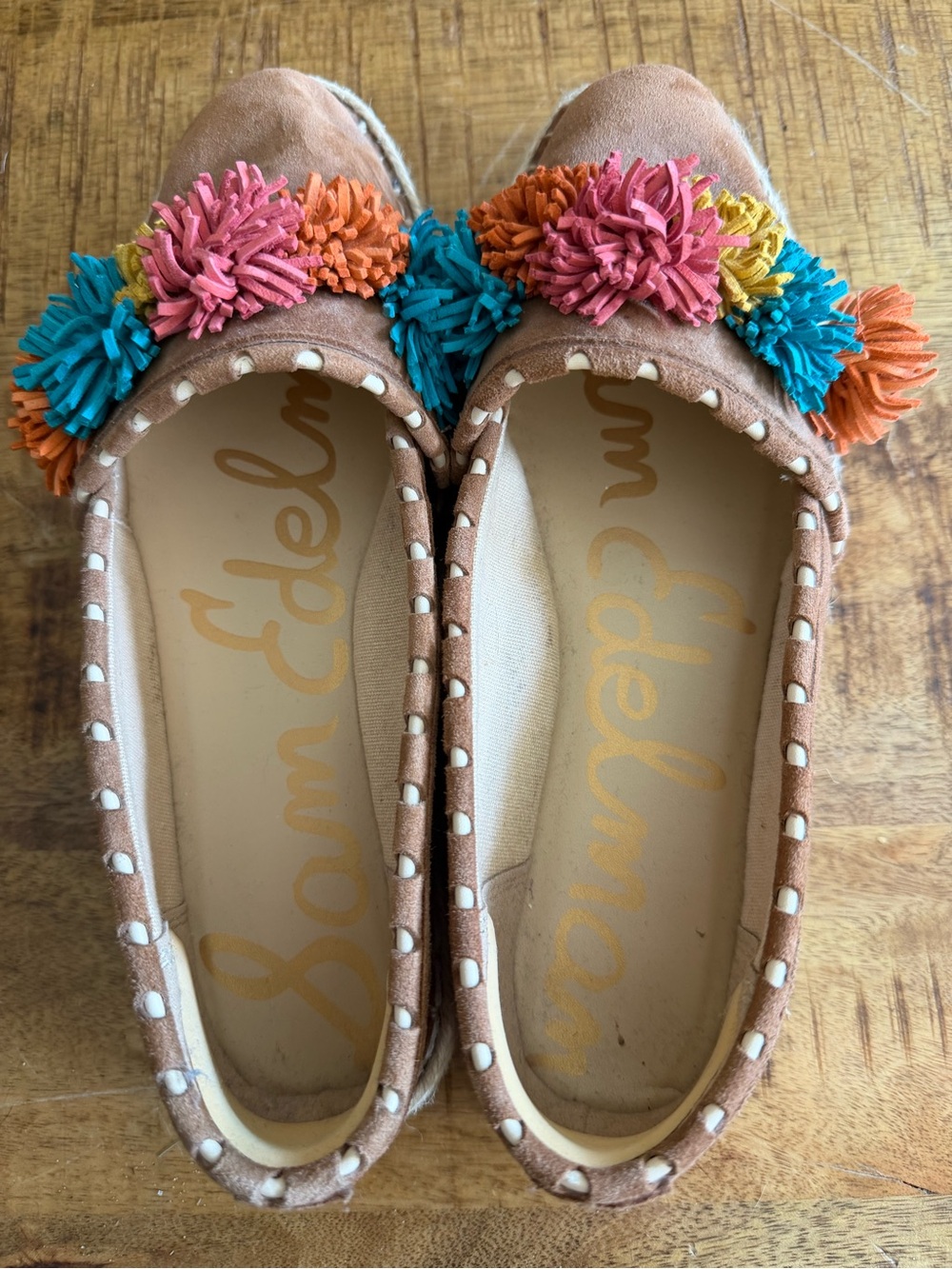 Sam Edelman Tan Suede Ballet Flats with Multicolor Pom Poms